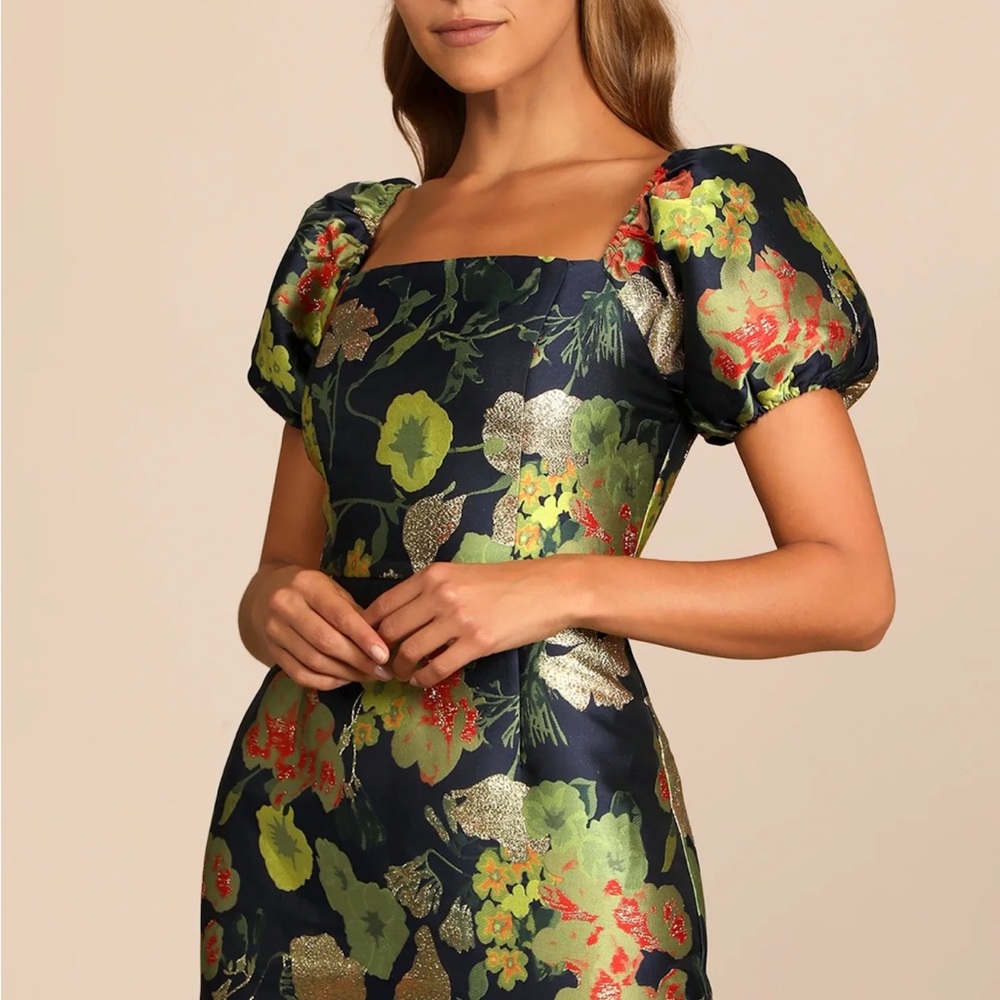 Lulu's Navy Floral Jacquard Puff Sleeve Mini Dress